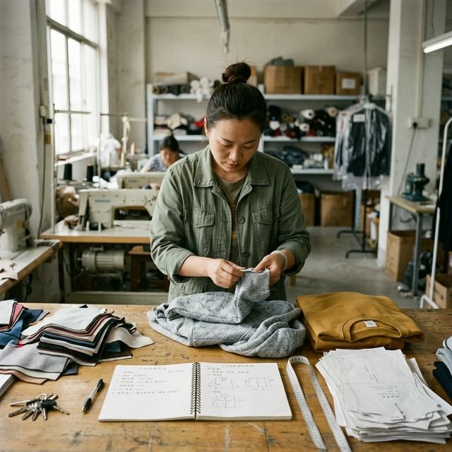 Guangzhou factory manager reviewing clothing samples